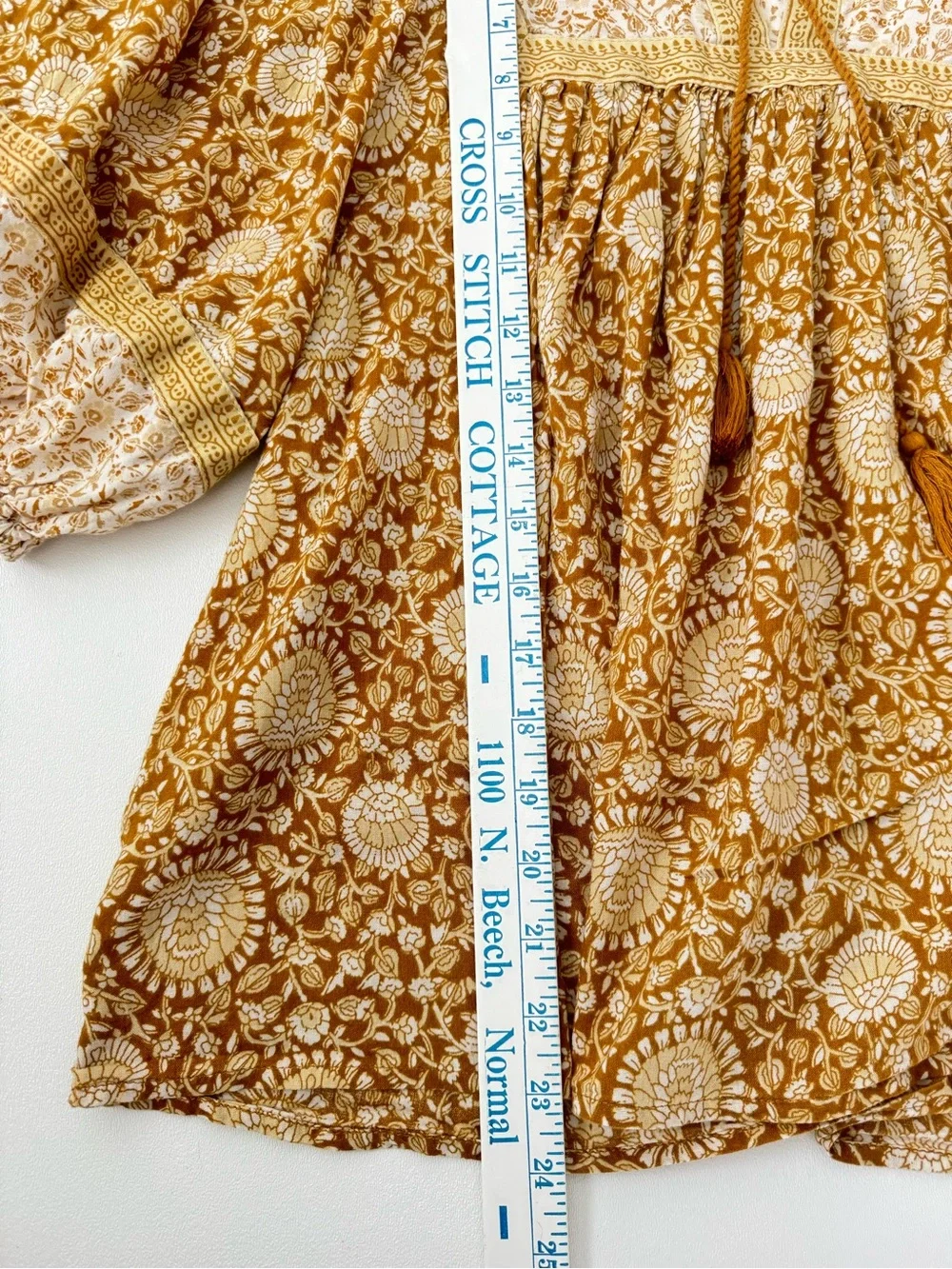 Boho Floral Peasant Blouse XL Mustard Brown Puff Sleeve Paisley fall Old Navy